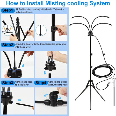 Installation guide for Outdoor Standing Misting System With Adjustable Height 5.3 Ft, Foldable Tripod Base For Patio Cooling.