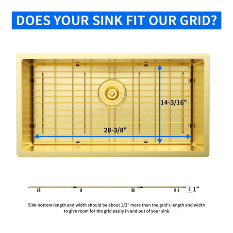 Rock Solid Gold 304 Stainless Steel Sink Grid Protector Covers dimensions 28-3/8 by 14-3/16 inch for single bowl sinks.