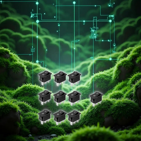 10 Pack Black Mini Rocker Switches 2 Pin 2 Position On Off 10x15mm Square SPST Controls on green circuit background