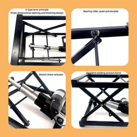 Premium Electric Scissor Lift Table With Folding Top For Small Spaces Heavy Duty Lift Off Coffee Table With Black Steel Frame parts showing electric actuator and frame design.