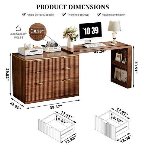 L Shaped 47 Inch Corner Desk With Six Drawers And File Cabinet Rustic Walnut Farmhouse Computer Desk For Multi Monitor Setup Boss Level Space Saving Desk To Maximize Space And Productivity dimensions