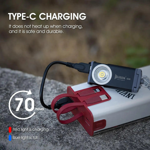G2 Mini LED Flashlight Keychain, 500 Lumens Rechargeable Pocket Light connected to power bank via Type-C cable.