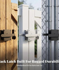 predolo Latch with Double-Sided Handle-Shielded Spray-Coated Finish, Sliding Bolt Gate Latch on wood, white, and metal gates.