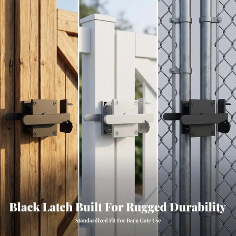 predolo Latch with Double-Sided Handle-Shielded Spray-Coated Finish, Sliding Bolt Gate Latch on wood, white, and metal gates.