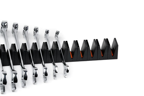 Widget Wrench Organizer Pro Series 4.0 Magnetic Wrench Holders for Tool Drawer, visible with 12 black holders and wrenches.