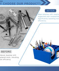 Comparison of cluttered tools vs. organized Non Slip Solder Holder And Dispenser Reel Stand With Anti Skid Feet on workbench.