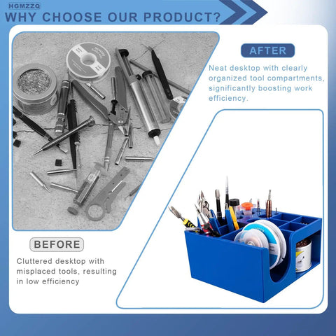 Comparison of cluttered tools vs. organized Non Slip Solder Holder And Dispenser Reel Stand With Anti Skid Feet on workbench.