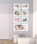 Gallery wall of framed artwork in living room with self adhesive flexible molding trim 16.4 ft for mirror edges TV backdrops decor