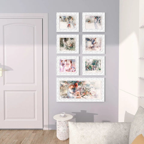 Gallery wall of framed artwork in living room with self adhesive flexible molding trim 16.4 ft for mirror edges TV backdrops decor