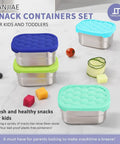 4-Pack 8oz Stainless Steel Snack Containers for Kids with leak-proof silicone lids, stacked and shown with colorful snacks.