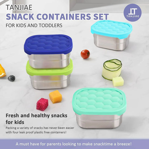 4-Pack 8oz Stainless Steel Snack Containers for Kids with leak-proof silicone lids, stacked and shown with colorful snacks.