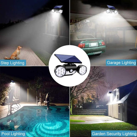 Solar Motion Sensor Lights Outdoor Dual Head Security Lights LED Waterproof 360 Degree Adjustable Wall Lights For Garden Patio Garage Motion Activated 1 Pack illuminating various outdoor settings including a patio, garage, pool, and garden at night.