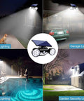 Outdoor Solar Security Lights 30 LED Dual Head Motion Sensor Floodlights illuminating a patio, garage, pool, and garden at night.