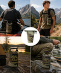 Outdoor scenes featuring Waterproof 2L Camouflage Dry Bag With Roll Top Closure For Duck Hunting And Outdoor Fun Beach Boating Kayaking Fishing Camping Durable 500D PVC Tarpaulin Shell Pouch.