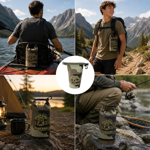 Outdoor scenes featuring Waterproof 2L Camouflage Dry Bag With Roll Top Closure For Duck Hunting And Outdoor Fun Beach Boating Kayaking Fishing Camping Durable 500D PVC Tarpaulin Shell Pouch.
