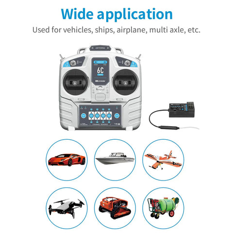 Microzone MC6C 2.4GHz 6CH Remote Controller For RC Airplane Drone Multirotor Car Boat Mode 1 with MC6RE Receiver, applications shown