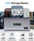 128GB Portable External SSD Drive With Snappy Read And Write Speeds Up To 550 MB Per Second For Quick On The Go Backups, Media, And File Transfers For Laptops, Desktops, And Enthusiast Setups. silver 128GB USB-C SSD with Safe Storage Master and SSD optimization icons