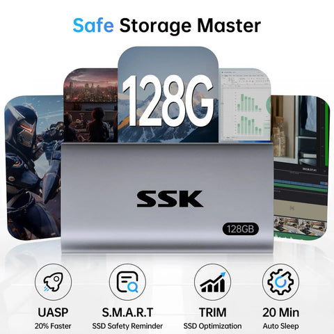 128GB Portable External SSD Drive With Snappy Read And Write Speeds Up To 550 MB Per Second For Quick On The Go Backups, Media, And File Transfers For Laptops, Desktops, And Enthusiast Setups. silver 128GB USB-C SSD with Safe Storage Master and SSD optimization icons