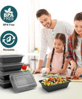 Stack of 50 Pack Extra Thick Meal Prep Containers with lids, BPA-free, with family preparing meal in the kitchen background