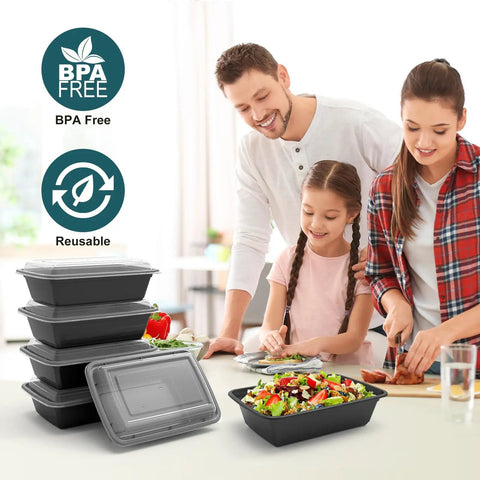 Stack of 50 Pack Extra Thick Meal Prep Containers with lids, BPA-free, with family preparing meal in the kitchen background