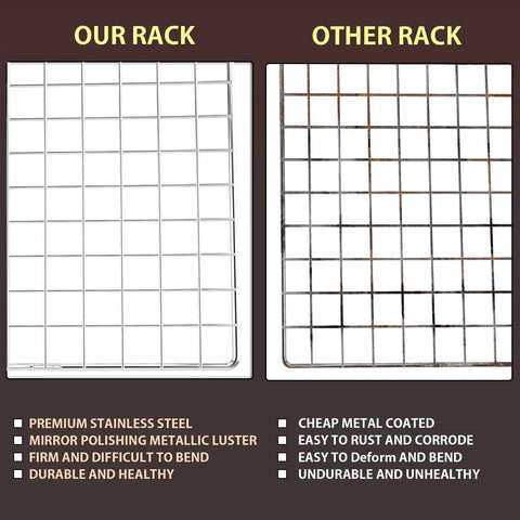 Comparison of two cooling racks highlighting the Two Pack Stainless Steel Cooling Rack For Baking 16x10 Inches, Oven Safe Thick Wire Cookie Rack.