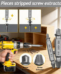 6 Piece Broken Screw Extractor Set With Double Ended Drill Bits displayed with tools on a workbench