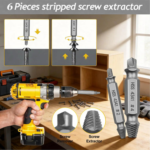 6 Piece Broken Screw Extractor Set With Double Ended Drill Bits displayed with tools on a workbench