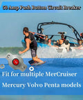 Heavy Duty Marine Grade 50 Amp Push Button Reset Circuit Breaker Built Like A Tank For Mercury Mercruiser Sterndrive And Inboard Motor shown with water skier.