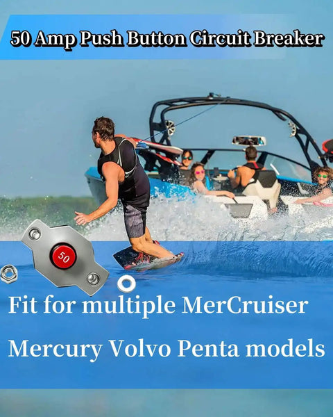 Heavy Duty Marine Grade 50 Amp Push Button Reset Circuit Breaker Built Like A Tank For Mercury Mercruiser Sterndrive And Inboard Motor shown with water skier.