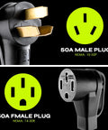 Rock Solid 50 Amp Ev Charger Adapter Cord Converts Nema 10 50P Male To 14 50R Female Outlet for EV charging, showing male and female plugs.