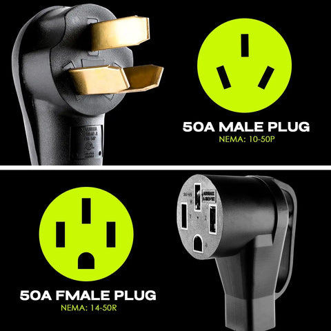 Rock Solid 50 Amp Ev Charger Adapter Cord Converts Nema 10 50P Male To 14 50R Female Outlet for EV charging, showing male and female plugs.