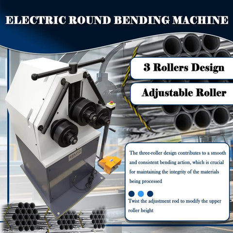 Heavy Duty Workhorse Electric Roll Bender For Steel And T Bars Industrial Three Roller Metal Round Bender With Foot Switch Control, showing three rollers design.