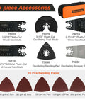 JORGENSEN oscillating tool 16-piece accessory set with blades, sanding pad, scraper, and orange carrying bag