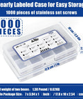 Plastic case containing 1000 Piece Set Screw Assortment Kit With Metric And SAE Internal Hex Drive Cup Point Grub Screws 12 9 Grade Alloy Steel M3 to M8 and One Eighth to Five Sixteenth Inch Sizes Cup Point Fasteners For Secure Slippage Resistant Installations, shown with label and dimensions.