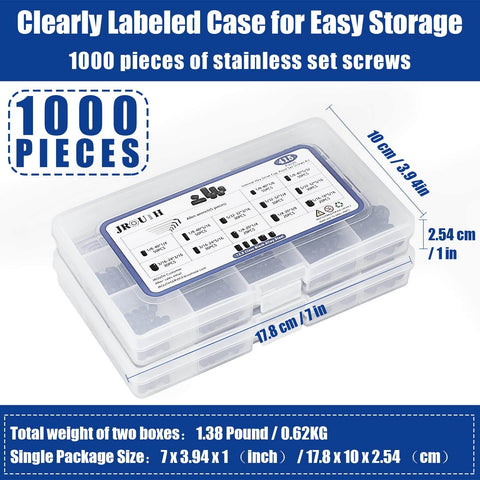 Plastic case containing 1000 Piece Set Screw Assortment Kit With Metric And SAE Internal Hex Drive Cup Point Grub Screws 12 9 Grade Alloy Steel M3 to M8 and One Eighth to Five Sixteenth Inch Sizes Cup Point Fasteners For Secure Slippage Resistant Installations, shown with label and dimensions.