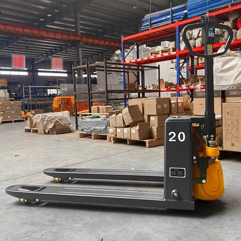 Hot Pick Heavy Duty Electric Pallet Jack With Lithium Battery 4400 Lb Capacity Walkie Truck in warehouse with boxes.
