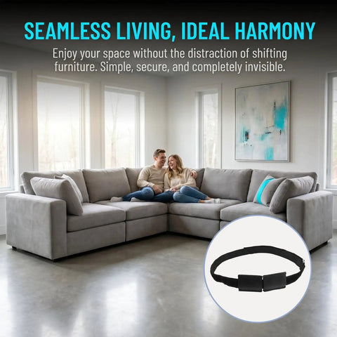 Heavy Duty Sectional Couch Connector Straps 4 Pack, nylon bands shown holding grey couch pieces stable, preventing gaps