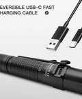 Rechargeable TT20 Flashlight With USB C Charging, Turbo Power Up To 2526 Lumens, 258 Meter Beam, Rugged Black with USB-C cable