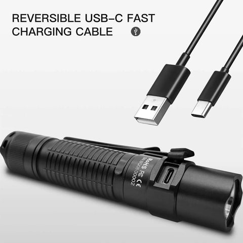 Rechargeable TT20 Flashlight With USB C Charging, Turbo Power Up To 2526 Lumens, 258 Meter Beam, Rugged Black with USB-C cable