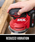 Cordless 20 Volt Brushless Random Orbital Sander Kit With 2 Amp Battery Charger Dust Bag And Sandpaper Packs in use, highlighting reduced vibration feature.