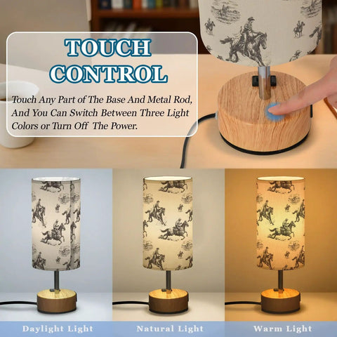 Cowboy Watercolor Decor Bedside Lamp With 3-Way Dimmable Touch Control And Built-In Charging Station showing touch control feature.