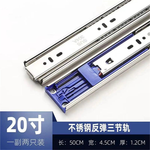 Stainless Steel Drawer Slides With Rebound Buffer 20 Inch Length Three Section Rails, Heavy Duty 2 Pack, close-up view