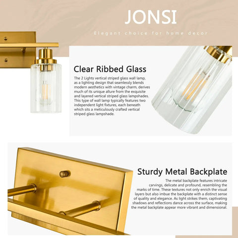 Two Light Brushed Gold Vanity Light With Fluted Glass Shade, featuring clear ribbed glass and sturdy metal backplate design.