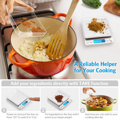 Digital Kitchen Scale With 3000G Capacity And One Hundredth Ounce And One Tenth Gram Precision Pocket Coffee Scale in use for cooking