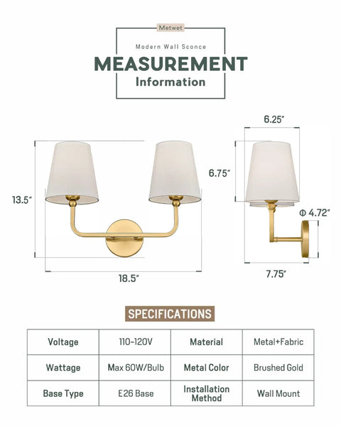 Gold Finish 2 Light Vanity Light Fixtures With Flared White Fabric Shade measurements and specifications chart
