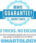 Image of a 60-day money-back guarantee badge with "No Tricks. No Excuses" text and company name Smartology.