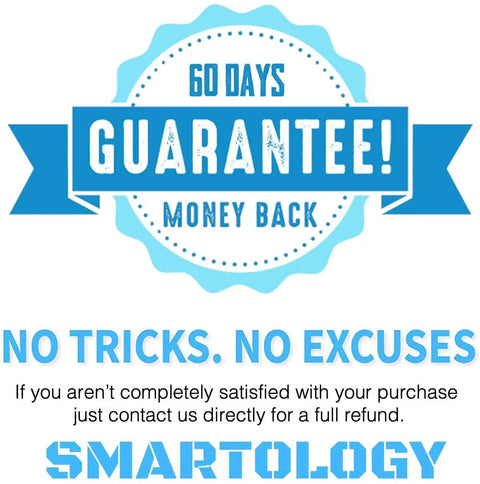 Image of a 60-day money-back guarantee badge with "No Tricks. No Excuses" text and company name Smartology.