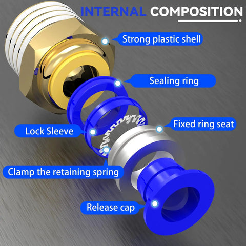 Internal composition of 20 Pack Push To Connect Pneumatic Fittings 4mm Tube OD To One Quarter Inch Male Quick Connect Air Line