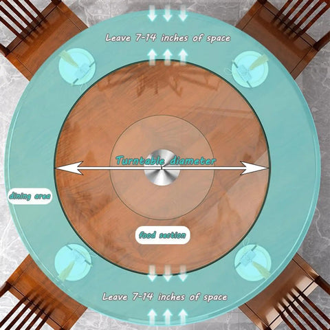 Heavy Duty Tempered Glass Lazy Susan Turntable with guidelines for dining area and food section, perfect for gatherings.