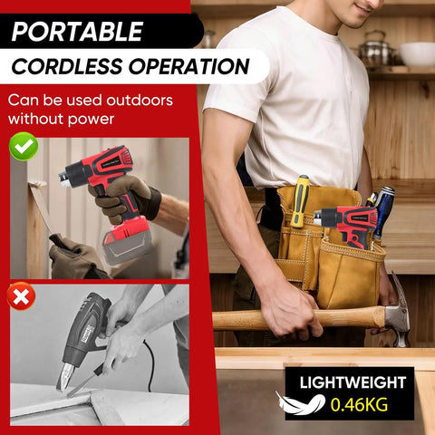 Cordless Heat Gun with M18 Battery Compatibility shown with tool belt, highlighting portable cordless operation.